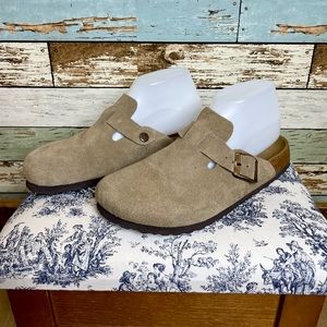 Betula Birkenstock Boston Sandals Taupe Tan Suede Clogs Shoes Women’s Sz 9 Men 7